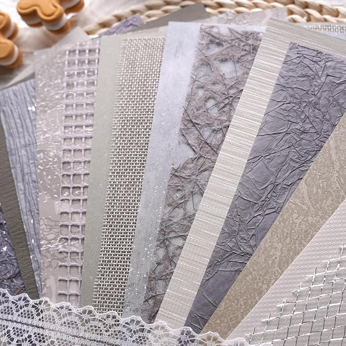 15Pcs Handmade Scrapbook Art Paper Craft Textured Paper Colorful A5 sheet Mesh Special Mix for Scrapbooking Junk Journal Journaling Supplies DIY Materials,5.8x8.2 inches (Grey)