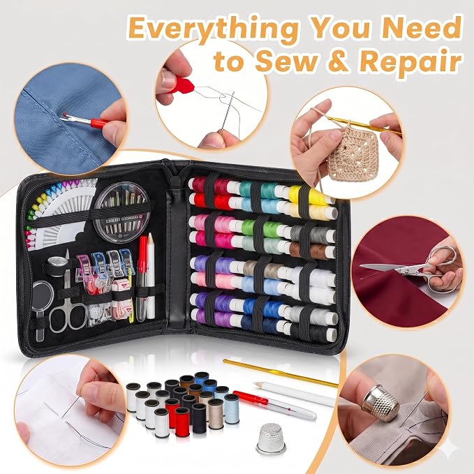94-Piece Travel Sewing Kit for Adults & Kids, Small Needle & Thread Kit | Mini Emergency Repair Sewing Kit, Beginner Set with Multicolor Thread, Needles, Scissors, Thimble, Clips & Travel Case