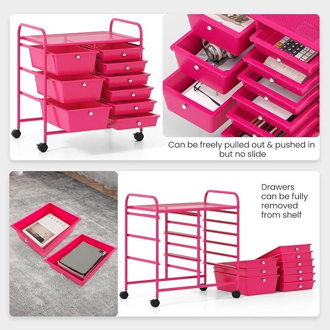 Giantex 9 Drawers Rolling Cart, Classroom Organizers, Storage Cart with Wheels, for Teacher Office Home School Supplies Tool Craft Art Paper, Hot Pink