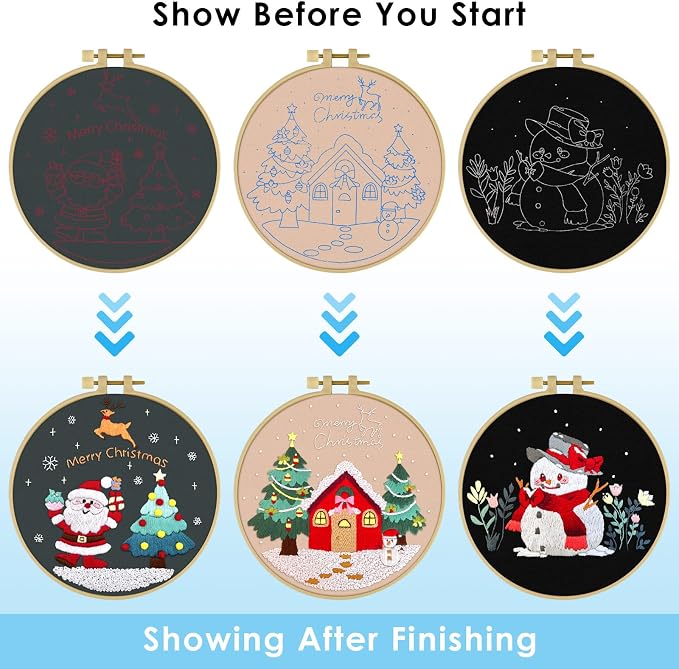 ERKOON 3 Sets Embroidery Kit for Beginners, Christmas Cross Stitch Set with Easy Pattern Embroidery Cloth Hoops Threads for Craft Lover Hand Stitch
