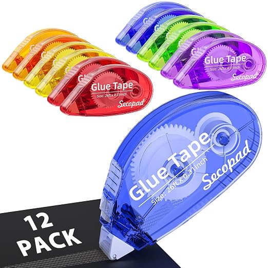 Secopad Scrapbook Tape, 12 Pack Glue Tape, Bright-Colored Shell | 0.3IN x 26FT, Sticky & Safe, Double Sided Tape for Crafts, Scrapbooking Junk Journaling Supplies, For School Office Teachers