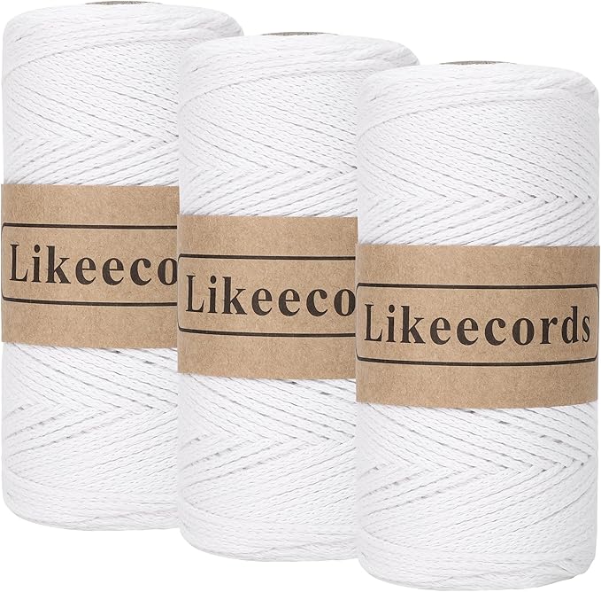 Likeecords 100% Cotton Crochet Yarn for Bag,3 Rolls/Pack 2mm x 510m,Macrame Cord,Chunky Yarn for Crocheting Handbag, Purse,Blankets Crafts Projects (Pure White)