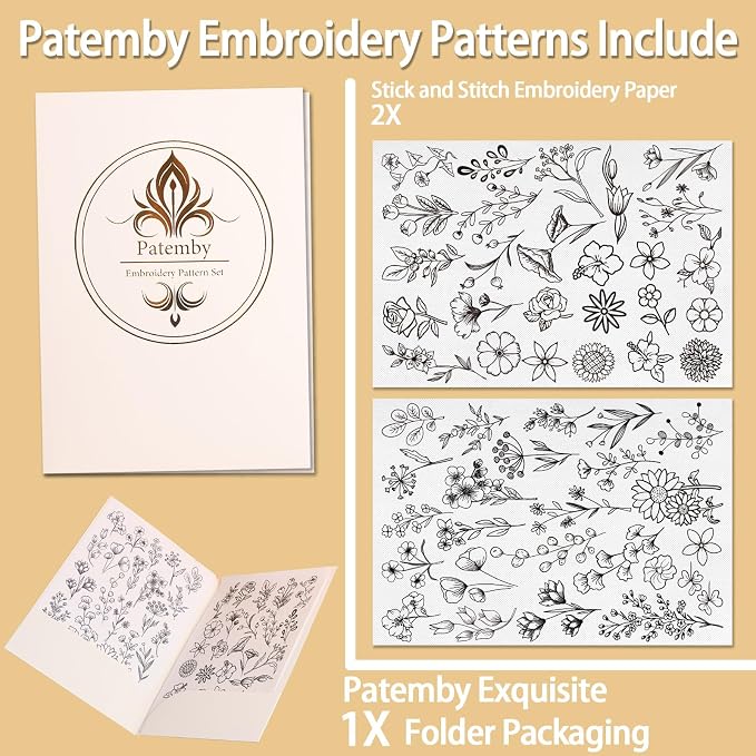 Patemby 50Pcs Embroidery Pattern Water Soluble Embroidery Stabilizers, Stick and Stitch Embroidery Paper Wash Away with Pre-Printed Pattern Designs Stencils Transfers for Hand Sewing Lover Beginner