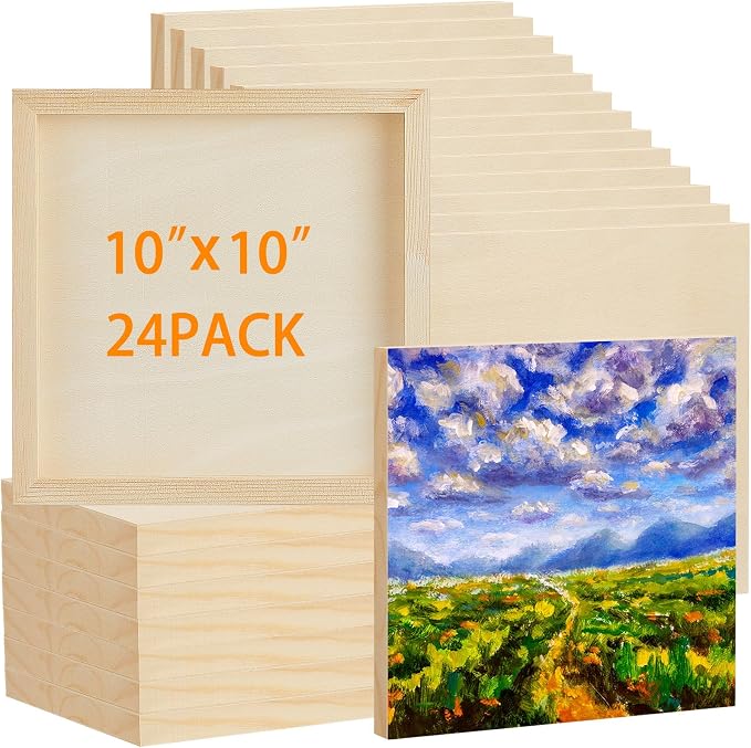 Barydat 24 Pcs Wood Panels for Painting 10'' x 10'' Unfinished Wood Canvas Board Artist Wall 0.79'' Deep Wooden Cradled Panel for DIY Crafts, Easel Display, Painting Pouring Arts Use with Oil, Acrylic
