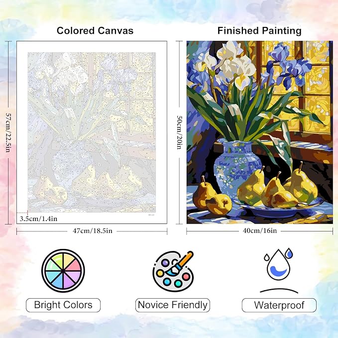 Stained Glass Flower Paint by Numbers Kit for Adults Without Frame 16x20 IN | Flowers Paint by Numbers for Adults Beginner, Fruit DIY Acrylic Painting, Stress Relief Craft Kits, Home Wall Decor Gift