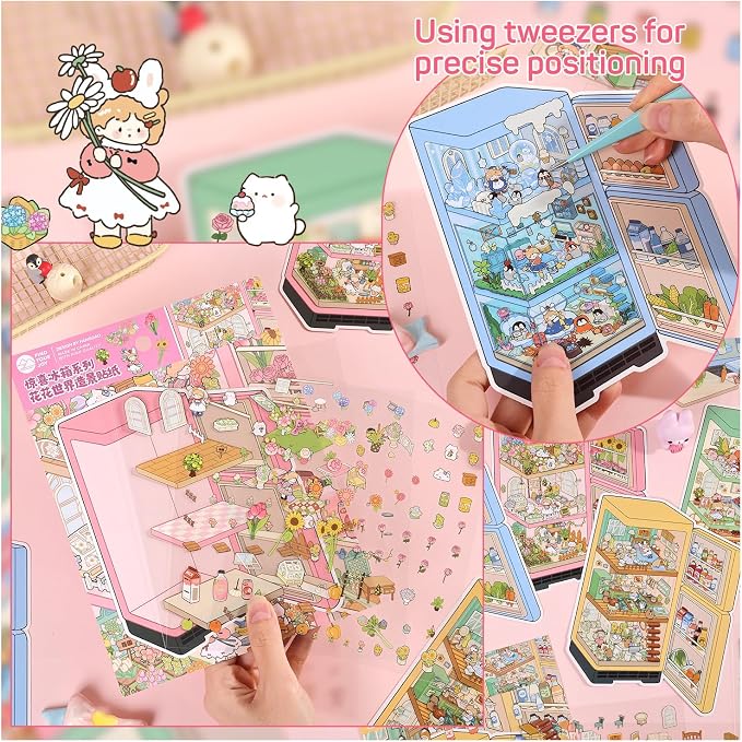 Girls 3D Miniature Scene Stickers,4 Sets Mini Refrigerator DIY House Stickers for Summer Stalls,Colorful World,Underwater World,Warm Home,3D Sticker Scenes for Adult Kids Relief Stress Pass The Time