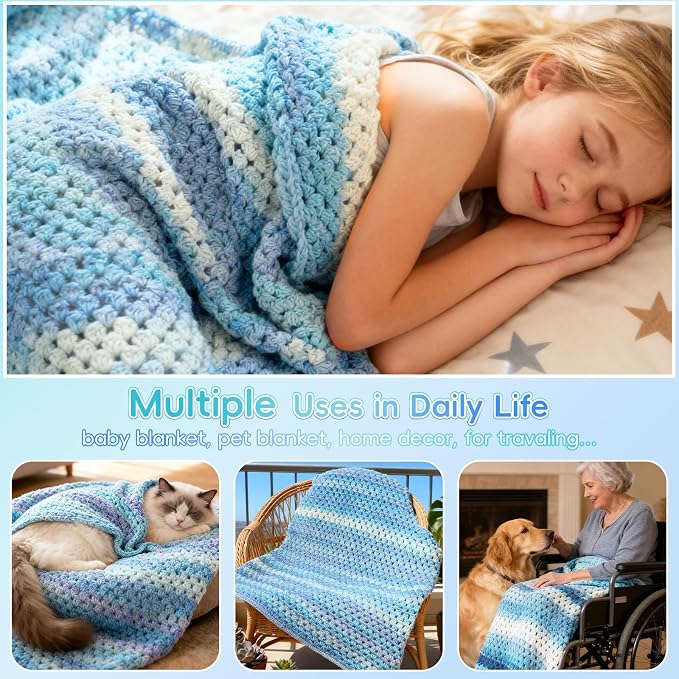 Aeelike Crochet Blanket Kit for Beginners, Easy Crochet Kits, Blue Gradient