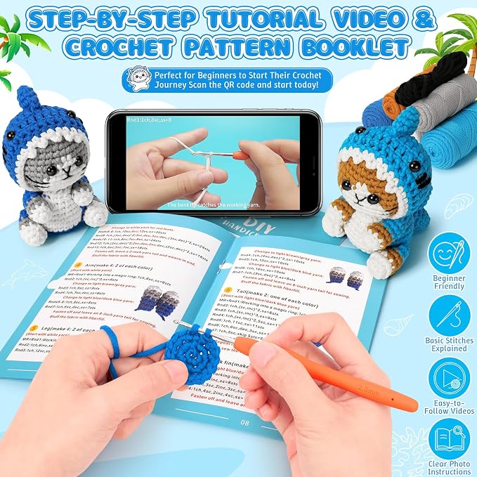Fortuning's JDS Crochet Kit for Beginners, 2 PCS Shark Cat Crochet Kits