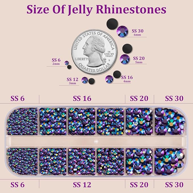 Resin Jelly Rhinestones for Crafting with B7000 Jewelry Glue, 1 Box Purplish Black AB Flatback Crystal with 3Pcs 10ml Glue, Bedazzling Non Hotfix Gems for DIY Tumblers Clothing Shoes Manicure