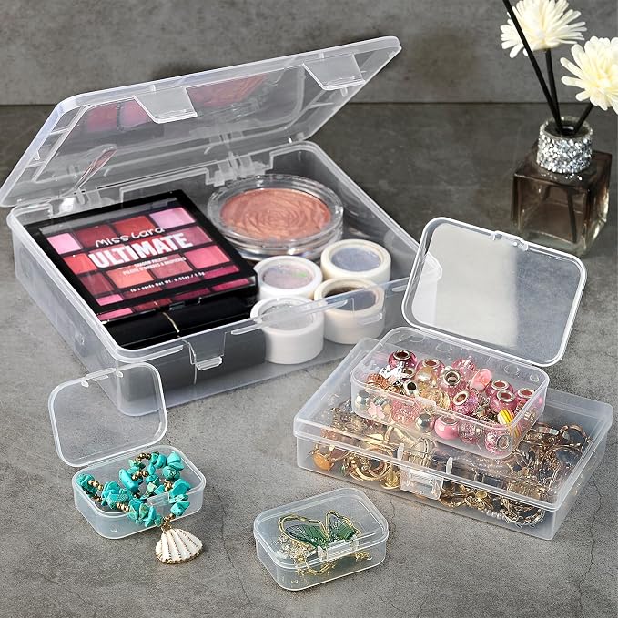 Clear Small Plastic Storage Containers with Lids, 7 Pack | Rectangular Mixed Sizes Mini Bins, Art Craft Supply Storage Boxes, Drawer Organizer with Lid, For Small Items Organizing