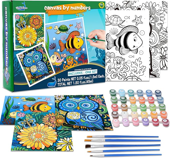 3 Pack Paint by Numbers for Kids Ages 8-12, Pre-Printed Acrylic Oil Painting, Includes (8x10, 8x9, 8x8 inch) Framed Canvas with 30 Acrylic Paint Pots, 5 Brushes for Kids, Art Supplies for Kids 9-12