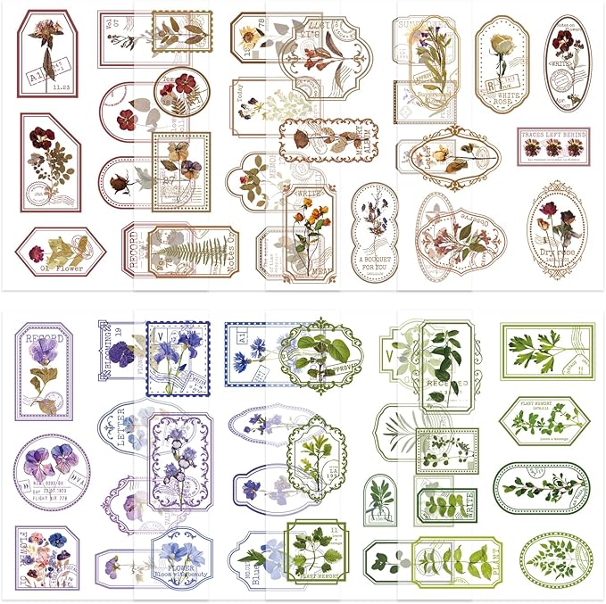 Bomichi 120 Pcs Flowers Stamp Stickers, Vintage Aesthetic Scrapbook Supplies for Junk Journal Bullet Therapy Planner Laptops Card Making Supplies