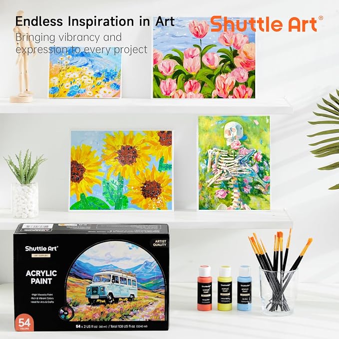 54 Colors Acrylic Paint, Shuttle Art Acrylic Paint set with 12 Paint Brushes, 2oz/60ml Bottles, Rich Pigmented, Water Proof, Premium Paints for Artists, Beginners and Kids on Canvas Rocks Wood Ceramic