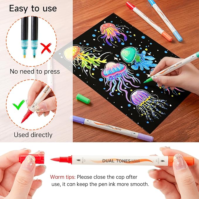 Shuttle Art 48 Colors Dual Tone Acrylic Paint Markers, 24 Pack Acrylic Paint Pens Set for Rock Painting, Ceramic, Wood, Canvas, Glass, Stone, Fabric, Card Making, DIY Football Crafts