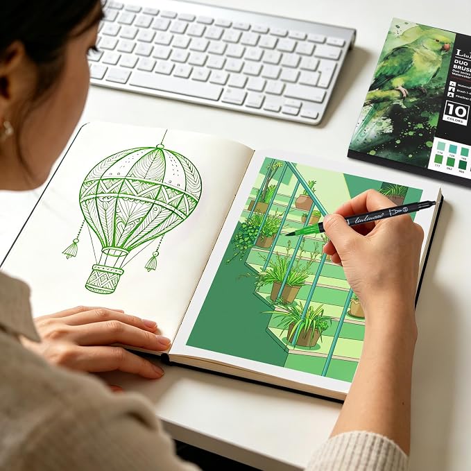 LIULIUCAI 10 Green Dual Markers, Fine & Brush Tip Pen for Adult Coloring