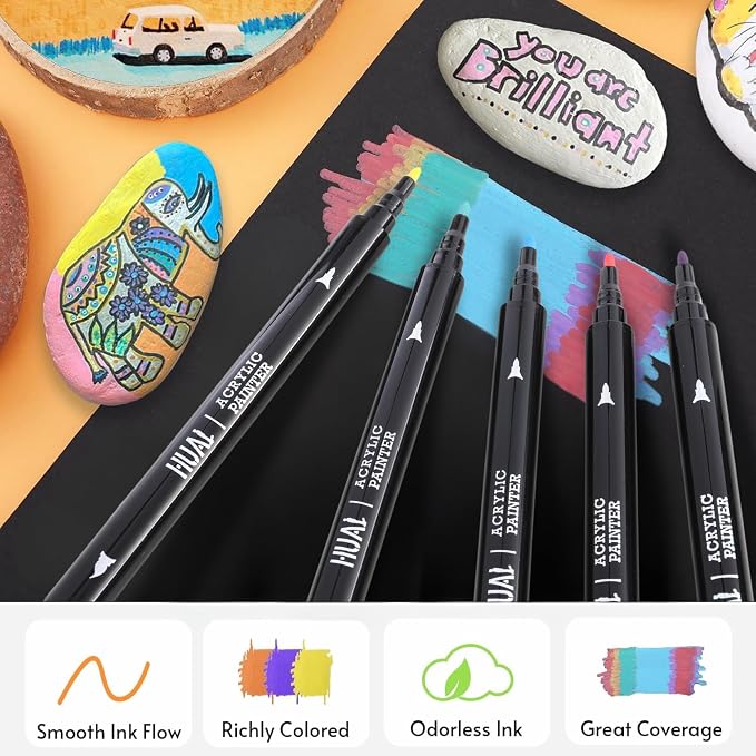 HUAL Dual Tip Acrylic Paint Pens, 24 Colors Fine & Brush Tip Markers for Professional Artists, DIY Crafts on Rock, Ceramic, Wood, Glass, Fabric & Canvas, Non-Toxic, Waterproof Art Supplies
