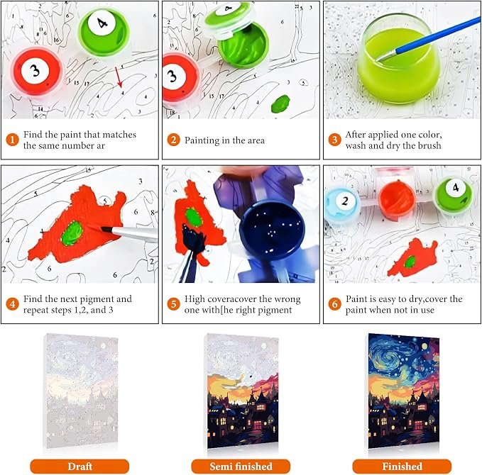Framed Paint by Numbers Kit for Adults Beginner & Kids Ages 8-12, Starry Night Paint by Number with Frame, Acrylic Abstract Landscape Painting by Numbers Kit on Canvas 8x12 inch for Home Wall Decor
