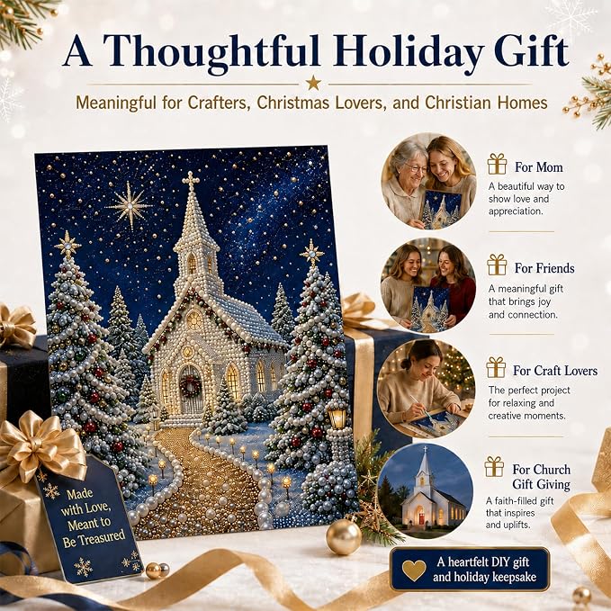 DIY Christmas Pearl Diamond Painting Kit, 5D Pearl Art Craft for Adults and Beginners, Christmas Church and Jesus Wall Decor, Holiday Gifts, 12 x 16 Inch (Church Design D)