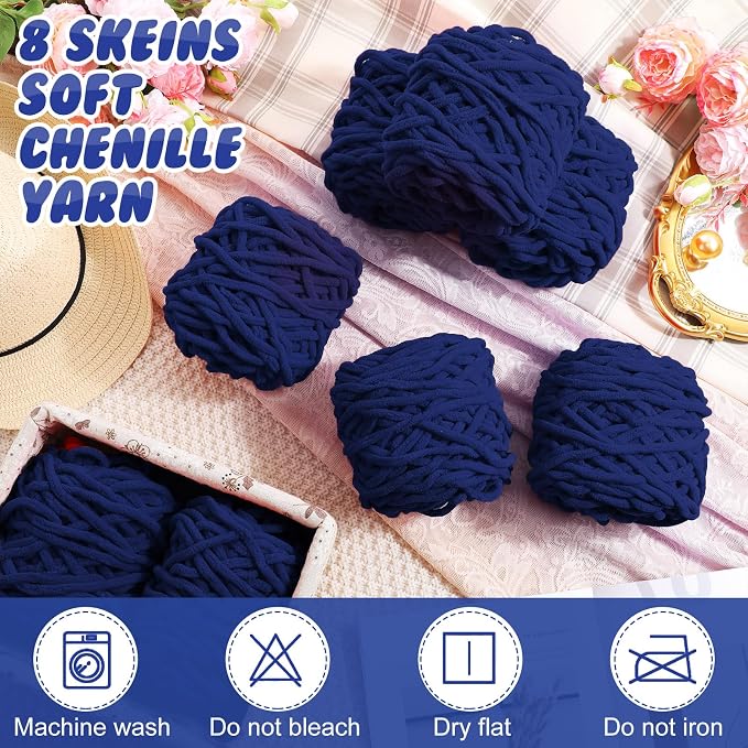 Buryeah 8 Pack Chunky Chenille Yarn for Crocheting, Navy Blue