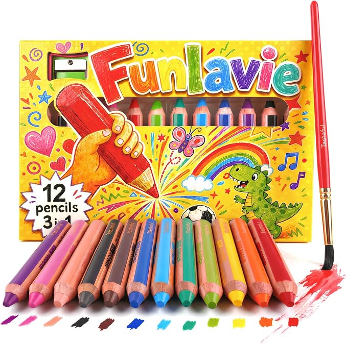 3 in 1 Colored Pencils Set, 12 Jumbo Fat Watercolor Crayons | 3-in-1 Set: Includes 12 jumbo pencils, 1 sharpener & 1 water brush. Use as colored pencils, crayons & watercolor pencils