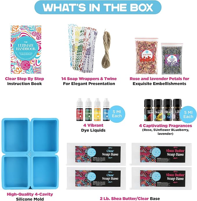 Soap Making Kit - Soap Making Supplies melt and Pour - DIY Set for Adults and Kids, Includes soap Base, Silicone molds, fragrances, Rose and Lavender Petals, by Prime Creations