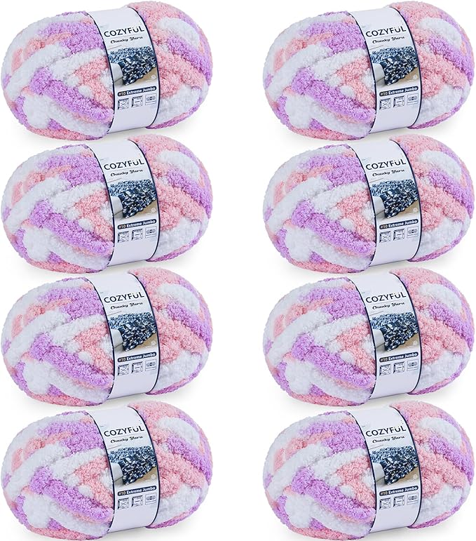 Cozyful Chunky Yarn for Hand Knitting - #10 Chunky Chenille Blanket Yarn, Jumbo Big Thick Chunky Yarns for Crocheting, Tie Dye Bulky Knit Yarns, 8 Skein (20 yds 8 oz Each Skein), Purple&Pink&White