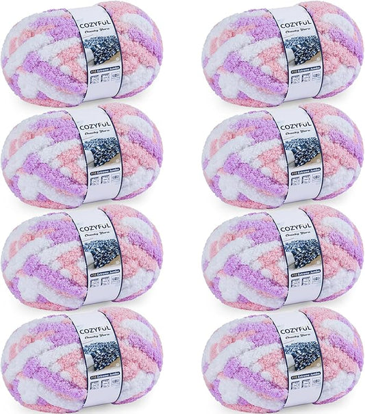 Cozyful Chunky Yarn for Hand Knitting - #10 Chunky Chenille Blanket Yarn, Jumbo Big Thick Chunky Yarns for Crocheting, Tie Dye Bulky Knit Yarns, 8 Skein (20 yds 8 oz Each Skein), Purple&Pink&White