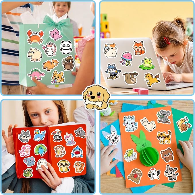 EOAOD 200 Pcs Cute Animal Water Bottle Stickers for Kids, Waterproof Vinyl | No Repeats, Perfect for Classroom Rewards, Party Favors, Goodie Bags, Scrapbooking, Crafts and Gifts for Boys and Girls