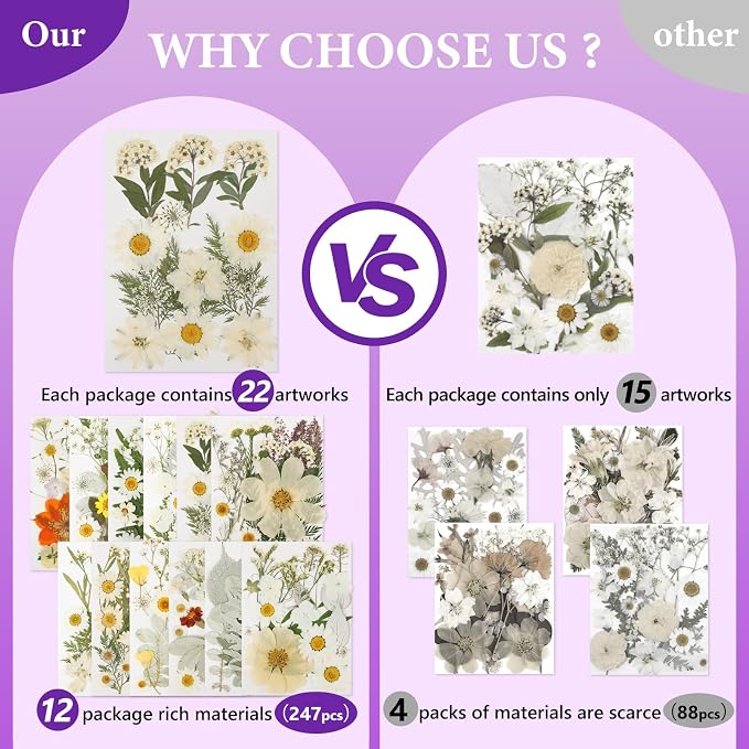 NESCCI 247 Pcs Dried Flowers for Crafts,Real Natural Dried Pressed Flowers in Soft Yellow & White Tones for Resin,Used for Scrapbooking DIY Art Crafts Candle Soap Making Nails Décor