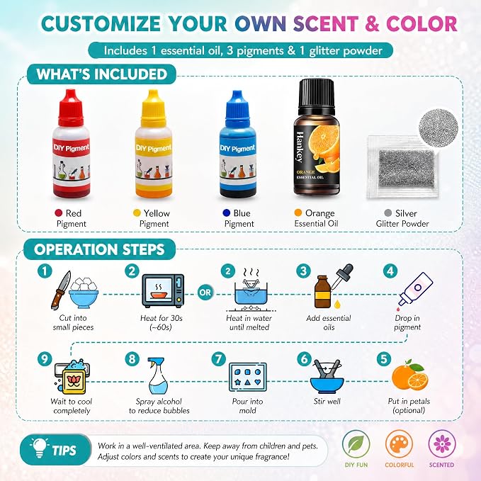 EDSRDRUS Beginner Soap Making Kit for Adults - DIY Craft Kits with Glycerin Soap Base, 6-Hole Silicone Molds, Colorants, Essential Oil - Creative Hobby Starter Set