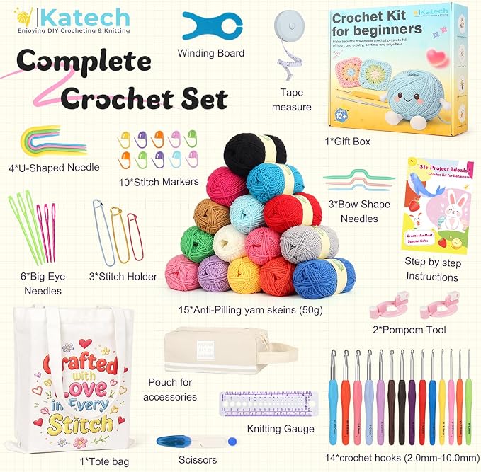 Katech Crochet Kit for Beginners Adults Kids-Crochet Starter Kit-Ideal Gift | Complete Crochet Set Includes Cotton Yarn for Crocheting, Crochet Hooks, Accessories, Tutorials, Gift Box