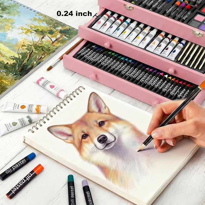 175-Pack Deluxe Wooden Art Set Drawing Painting Kit with 2 Drawing Pads, Acrylic Paints, Colored Pencils, Crayons, Paint Brush, Art Kit in Wooden Case, Gift for Artist, Adults, Teens and Kids