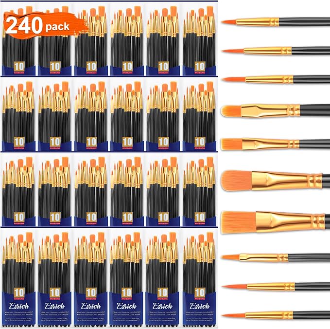 ESRICH 240PCS Paint Brushes, Paint Brush for Acrylic Painting | Artist Paintbrushes for Oil Watercolor, Body Face Rock Canvas, Small Paint Brushes for Kids, Black