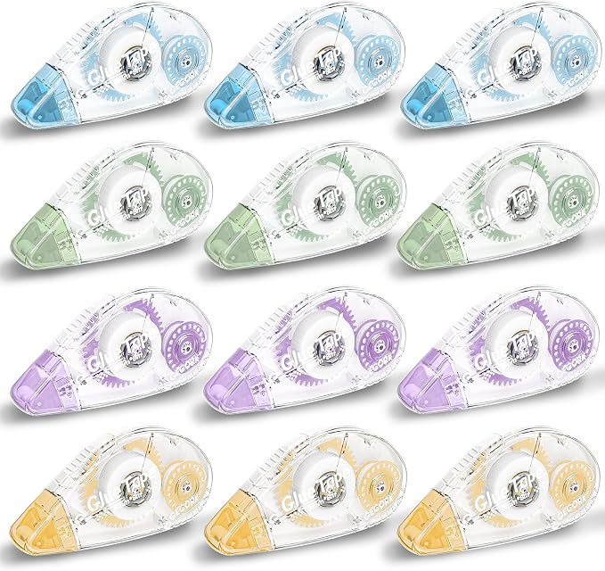 Gecork Double Sided Glue Tape Roller 312 ft Total, 12-Pack, 4 Light Colors | 0.3 in x 26 ft Quick-Dry Tape Runner, Strong Adhesive & Lasting Bond, For Scrapbooks, Journals, Office, School Arts & Crafts