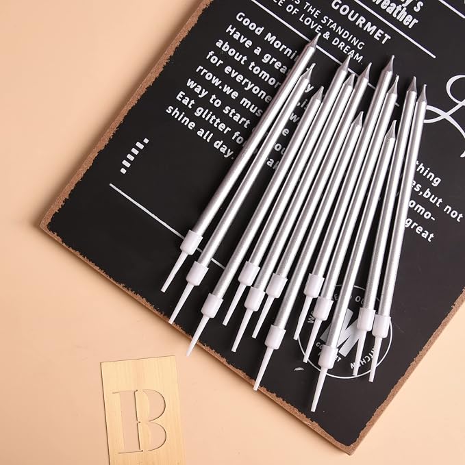 PHD CAKE Silver Long Thin Metallic Birthday Candles, Cake Candles, Birthday Parties, Wedding Decorations, Party Candles