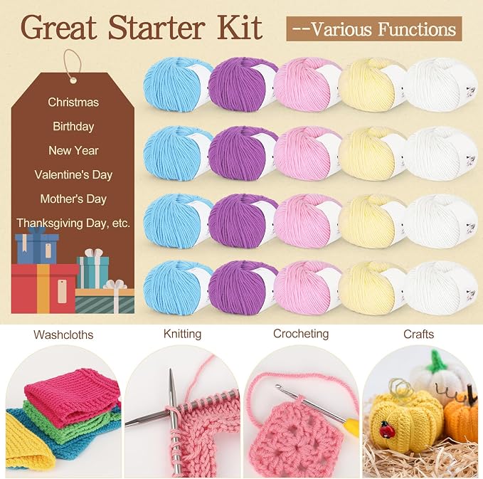 Katech 20 Skeins Cotton Yarn for Crocheting-Crochet Yarn Set-(Color B) | 55% Cotton 45% Acrylic#3 DK (Light)-Super Soft Milk Cotton Yarn-Great Crochet and Knitting Starter Kit for Colorful Craft