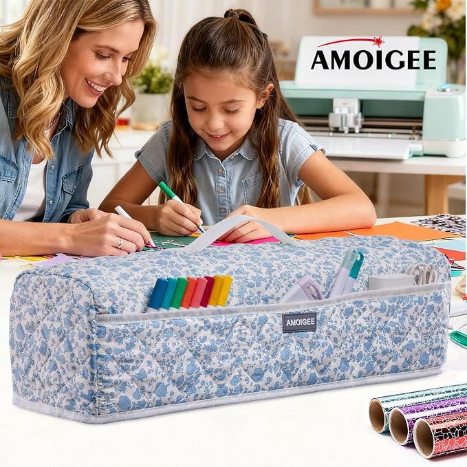 AMOIGEE Dust Cover for Cricuttt Maker 4 & Explore 4/3, Maker 3, Air 2, Quilted Protective Cover with Storage Pockets for Cutting Machine, Floral Fabric Anti-Dust Cover for Craft Machine Organizer