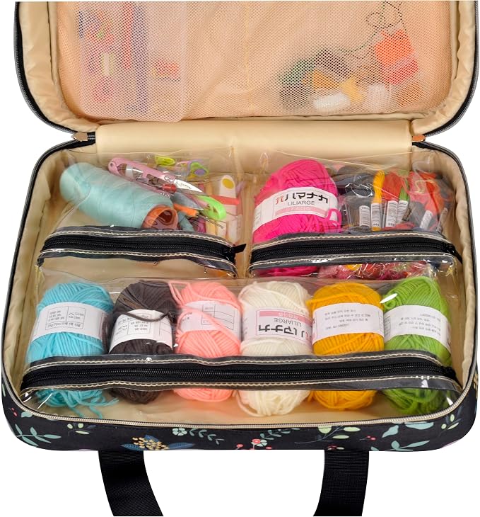 Portable Square Cross Stitch Starter Kits Bag Embroidery Project Bag Embroidery Tool Storage Tote Bag with Multifunctional Pockets, Bag Only (Black Leaves)