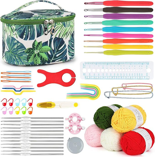 Aeelike Crochet Kits for Beginners with Yarn, Green | Learn to Crochet Set Included Crochet Hooks Supplies DIY Tools,Crocheting Kit for Adults Kids with Portable Green Leaves Bag