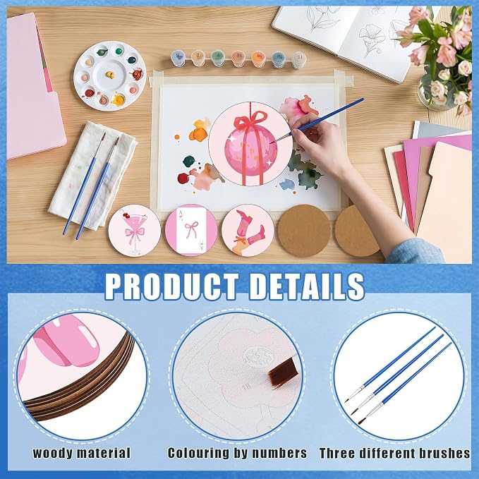 8 Pack Modern Paint by Numbers Kits Coasters with Holder Cork Pads | Pink Bow Paint by Number Kit for Adults Simple Round Oil Painting Coaster for Small DIY Craft Holiday Birthday Gift 3.9x3.9in