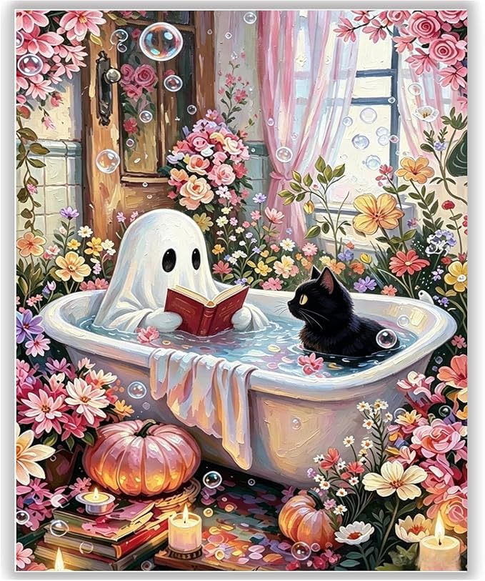 Halloween Paint by Numbers Kit for Adults Bathroom Ghost 16x20 In Frameless | Bathroom Ghost Paint by Numbers Kit for Adults Beginner, Halloween Paint by Numbers for Gift Home Wall Decor