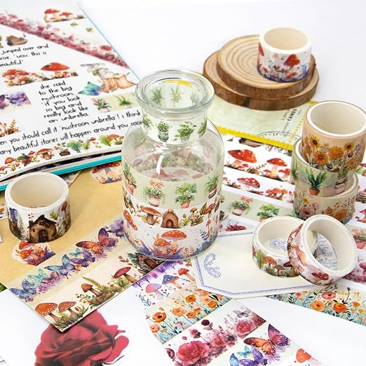 Washi Tape Set 13 Rolls - Mushroom Butterfly Floral Decorative Tape for Scrapbooking Supplies, Junk Journal, DIY Crafts, Arts