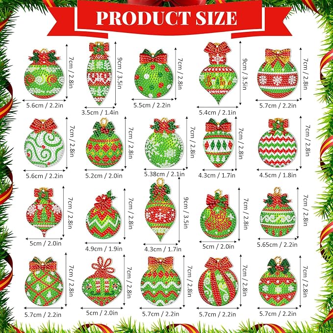 Tondiamo 20 Pcs Christmas Diamond Painting Keychain Kits 5D DIY Diamond Art Pendants Double Sided Hanging Key Chains for Christmas Party Decoration DIY(Green Balls)