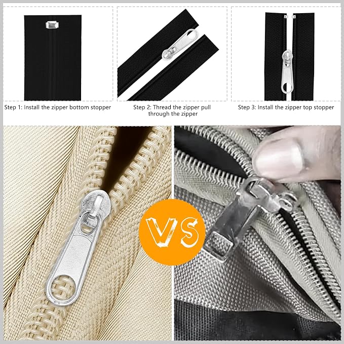 DOITEM 25Pcs Silver Zipper Repair Kit Zippers Replacement 3# Zipper Pull Rescue Kit for Clothing Jackets Purses Luggage Backpacks