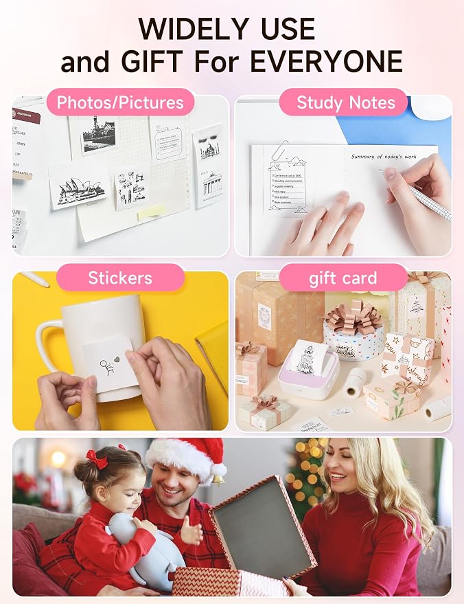 iDPRT Sticker Printer, Portable Sticker Maker Machine, Mini Inkless Bluetooth Thermal Printer for iPhone & Android, Pocket Printer for Labels, Barcodes, DIY Journaling, Kids Gift, Pink