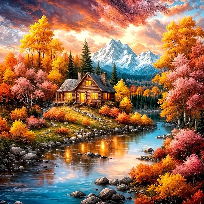 LKHMVCA Fall Landscape Mountain Lake Paint by Numbers Kit for Adults, DIY Paint by Numbers Kits for Adults Beginners Without Frame, Acrylic Paint Canvas Painting Kits Art for Home Decor 16x16 Inch