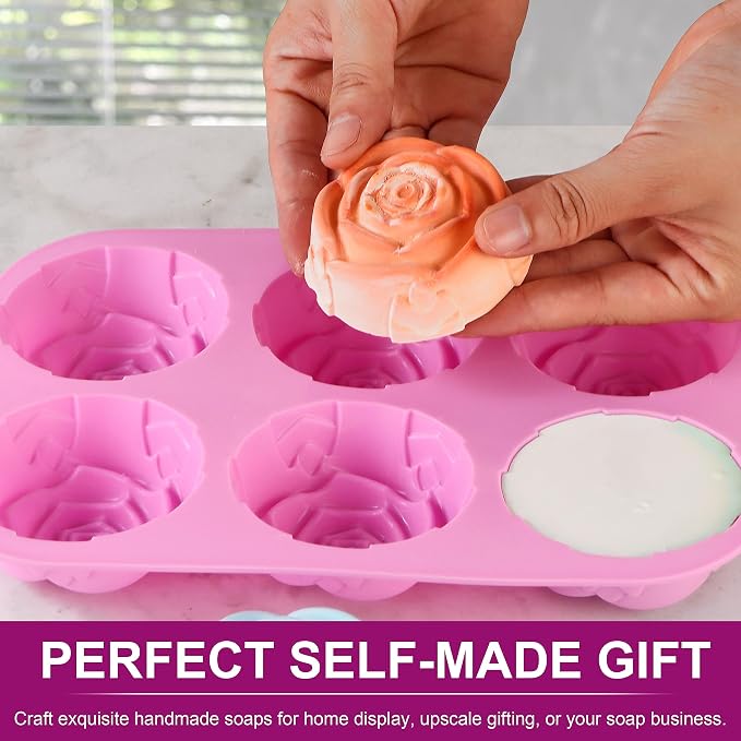 Lerykin Rose Silicone Molds - 2 Pack Handmade Large Rose Flower Soap Mold - Food Grade DIY Bar Mould for 3D Soap, Mousse, Muffin, Cake, Chocolate, Jelly, Resin, Candle - Just Pop Out & Dishwasher Safe