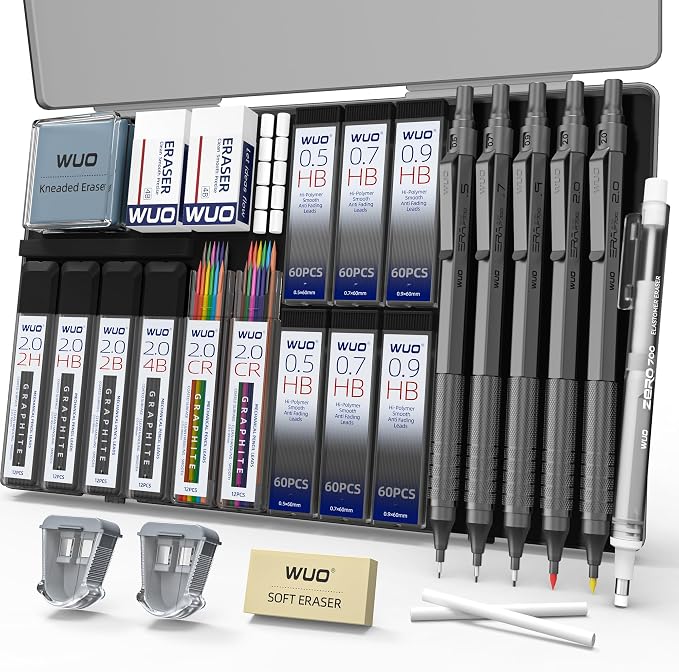 WUO Mechanical Pencil Set, 5 Pack Drafting Pencils 0.5/0.7/0.9/2.0/2.0mm
