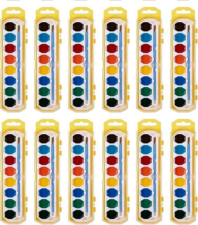 Cra-Z-Art Watercolor Paint Set with Brush Bulk Pack, 8 Colors (Pack of 12), 12 Total Paint Sets, Non-Toxic Washable Watercolors for Kids, Classroom Art Supplies & School