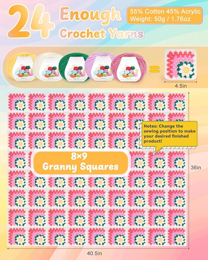 Coopay Crochet Kit for Beginners, Easy 3D Granny Square Blanket Kit, Pink | Crochet Kit W/Video Tutorial & Digital Instructions, All Accessories Included, Easy Knitting to Create Granny Square Blanket